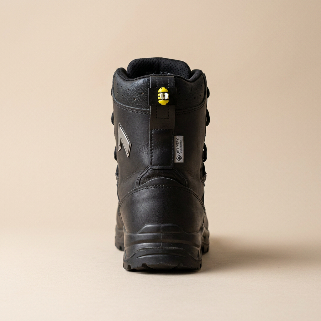 Schwarzer Einsatzstiefel von hinten mit Stiefling Biene auf der oberen Zuglasche