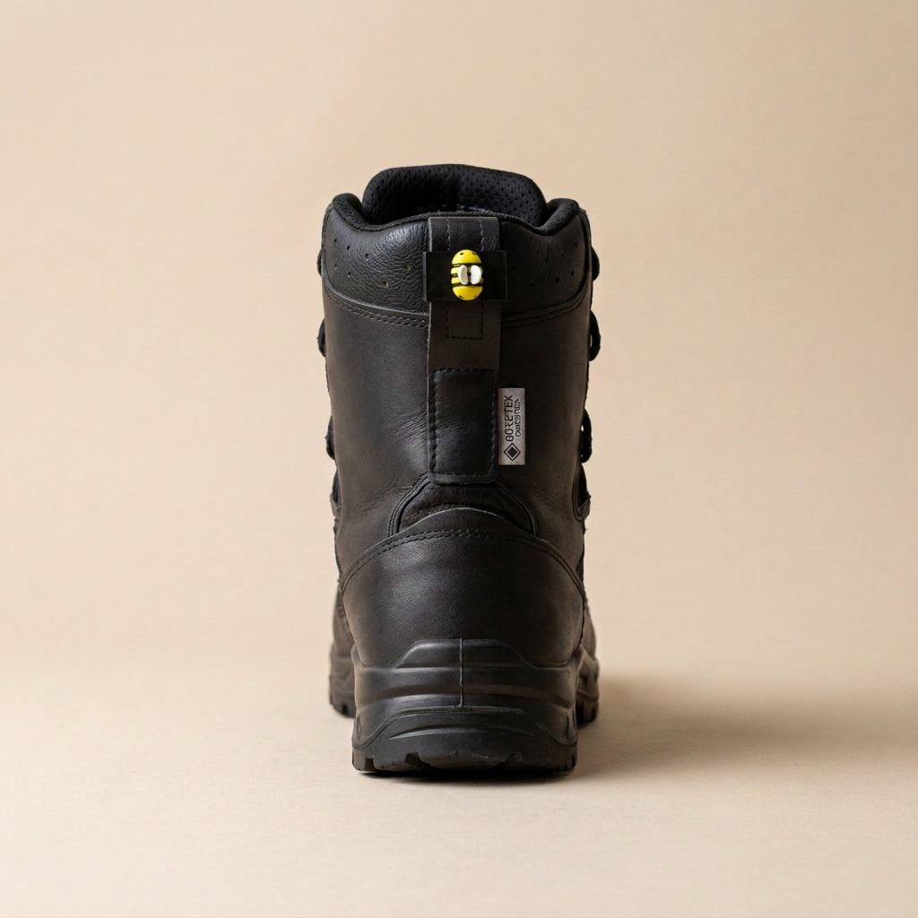 Schwarzer Einsatzstiefel von hinten mit Stiefling Biene auf der oberen Zuglasche
